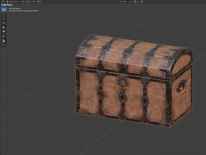 Blender 5.1 viewport with the Treasure Chest selected