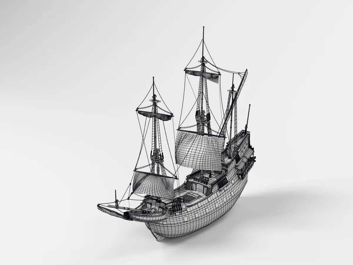 Dutch ship, clay render with wireframe