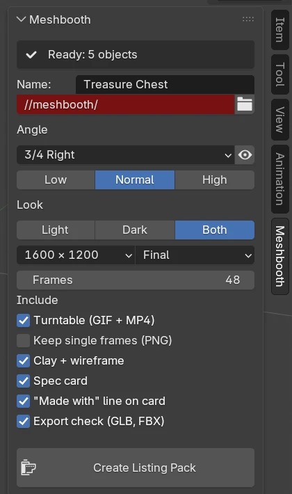 The Meshbooth 0.2.0 panel in Blender: Ready: 5 objects, the options and the Create Listing Pack button