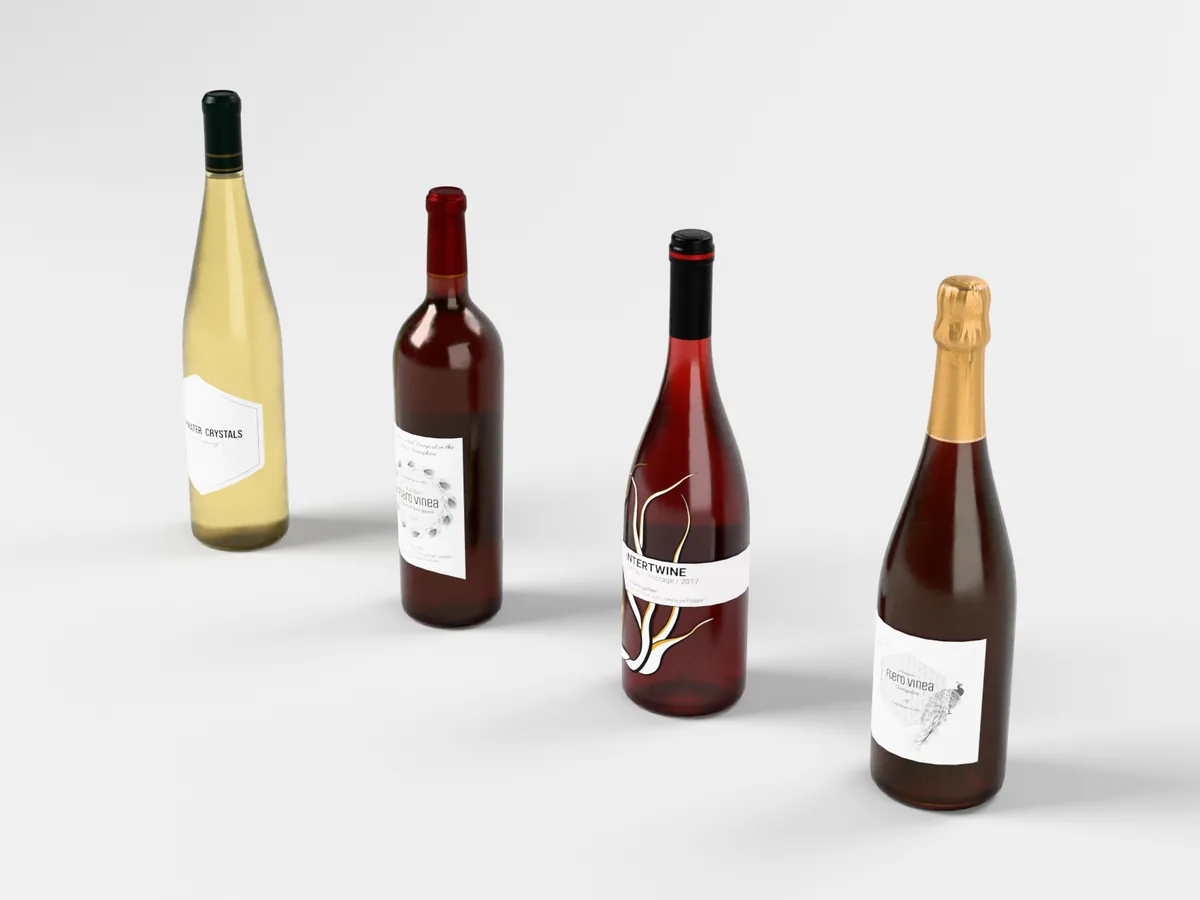 Four wine bottles, light studio photo