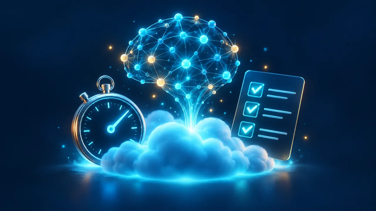 Course image: a neural network over a cloud, with a stopwatch and a checklist