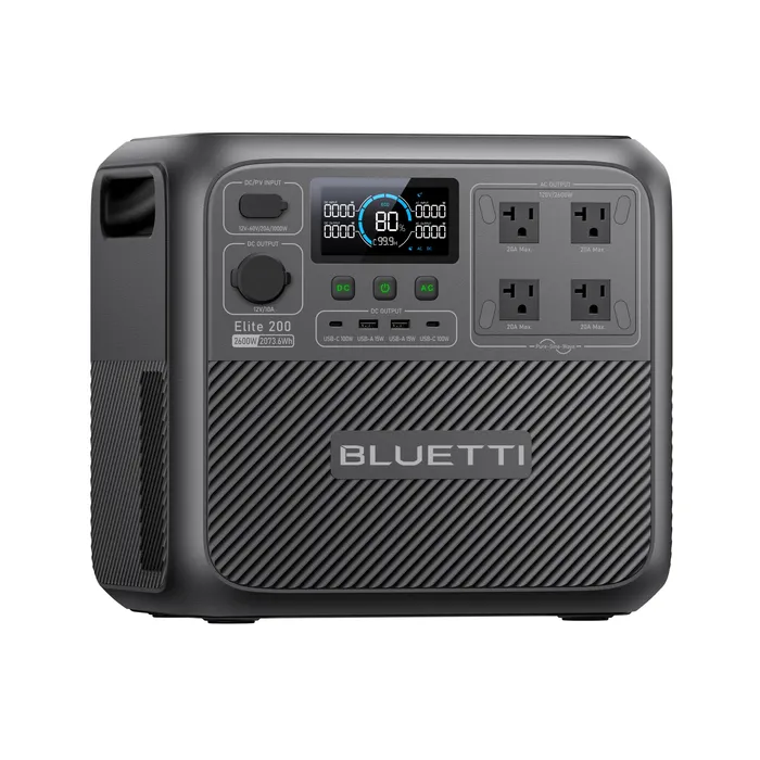 BLUETTI Elite 200 V2 portable power station, front panel: four AC outlets, USB-C and USB-A ports, and the 2600W 2073.6Wh rating printed beside the display